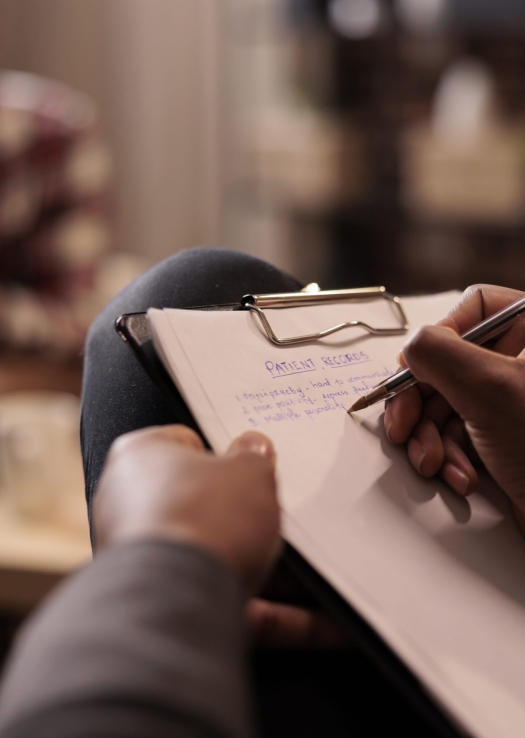 Male psychologist taking notes at couple therapy session to help with relationship issues, counselor giving advice. Explaining marriage problems, using paper to do psychoanalysis. Close up,